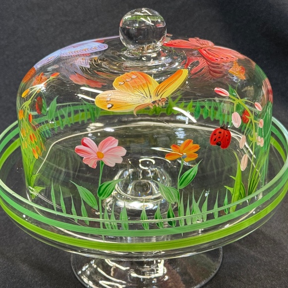 Petite Pedestal Cake Desert Stand with Handpainted Butterflies Flowers - Picture 3 of 12